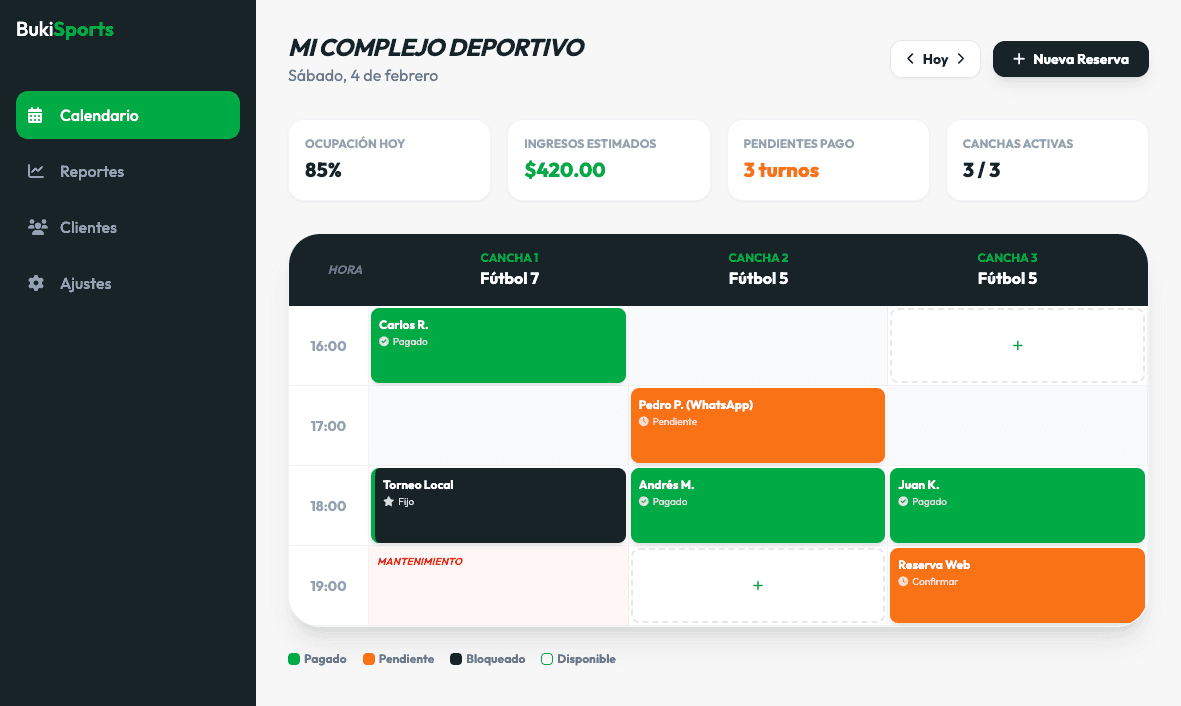 Panel del dueño con calendario de canchas en BukiPlay